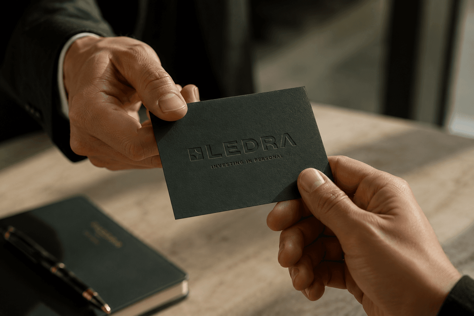 A Ledra card being passed from one person to another